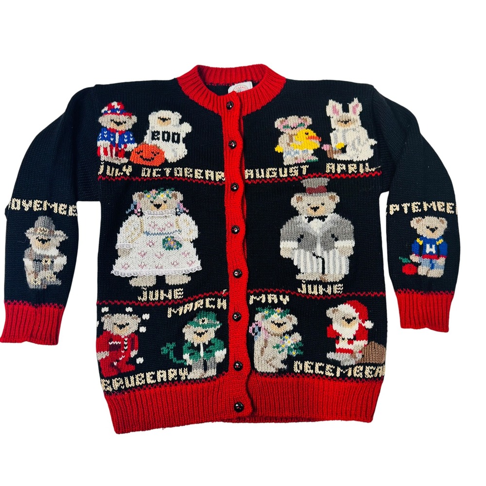 Cape Isle Knitters Vtg Holiday Seasons Wool Calendar Bear Cardigan Sweater Med